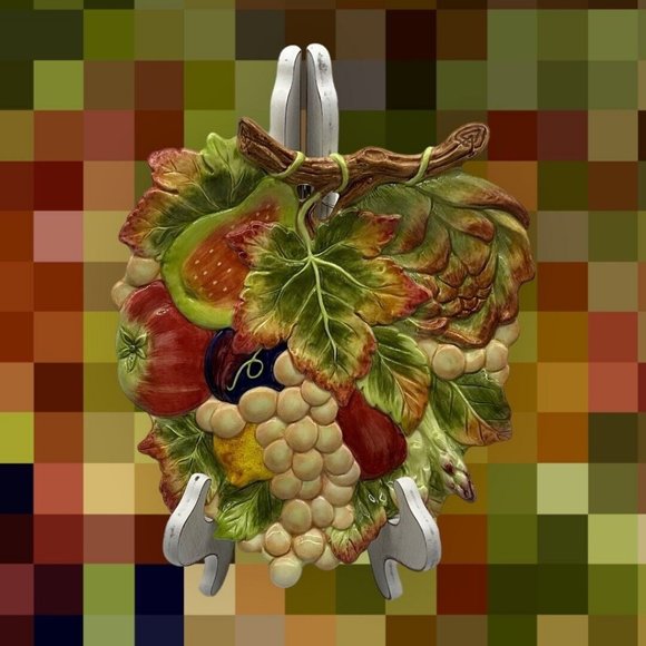 Fitz and Floyd Classic Leaf Shaped Fruit Pattern Plate with Hanging Wire Vintage - Picture 4 of 16